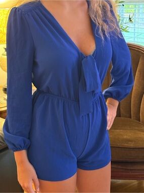 Royal Blue Long Sleeve Tie-Front Romper